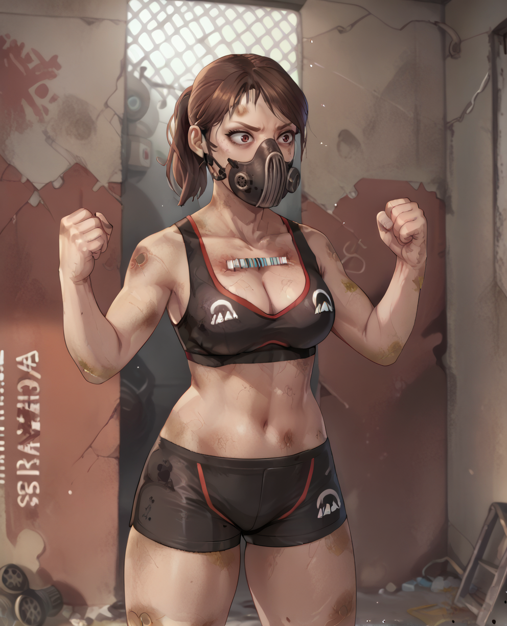 score_9,score_8_up,score_7_up,
fghterld,mouth gas mask,brown eyes,ponytail,
standing,black shorts,black crop top,cleavage,dirty,
chest tube, clenched hands, 
underground,wall,
<lora:letitdieFightersxl-lid12:1>,