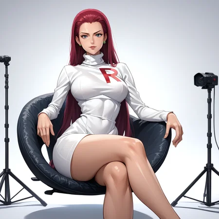 Basic Instinct Pose, B4sic1nstinctP0se, basic_instinct_(movie), source_anime, artist style:Urushihara Satoshi, source_hentai, source_anime,1woman, looking at viewer, facing viewer, dress, turtleneck, sitting, on_chair, bare_legs, high_heels, masterpiece,, score_9, score_8_up, score_7_up, score_6_up, Jessie\(Pokemon\), BREAK, 1girl, solo, (Jessie from Pokemon), redhead, long hair, perfect face, perfect eyes, sexy, sexy girl, seductive, beautiful eyes, petite body, wide hips, large breasts, posing, dynamic angle,