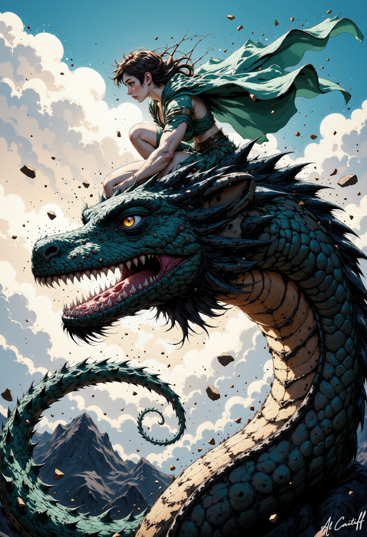 MysticComic, bird's eye dynamic shot up in the blue sky, white clouds and a cinematic image, a young warrior, clad in a flowing, green kimono, crouches atop a majestic, dark-blue chinese dragon head, its scales glistening like polished jewels. The dragon's massive body undulates as it rises from the depths, with glowing orange eyes and a wide, open mouth filled with sharp teeth, clouds of golden dust swirling around it. The warrior, her dark hair wild and wind-tousled, her red eyes blazing with fierce determination, golden light of the setting sun. As she springs into action, the dragon's claws swipe through the air, sending clouds of dust and debris flying in all directions. The warrior's kimono flows behind her like a banner, its folds rippling with the motion of her body. Her feet, grip the dragon's scaly head as she crouches low, her muscles tensed. The image is bathed in a warm, golden light, as if the sun itself is setting behind the dragon, casting long shadows. The style is reminiscent of classic Japanese art, with bold lines and vibrant colors. The camera angle distorted from a bird's eye dynamic shot, as if the viewer is witnessing the action flying in the sky with the woman and the dragon. The style is hyperrealistic, with meticulous detail in the dragon's scales, the woman's clothing, and the surrounding environment. Impressionistic elements appear in the clouds which have a painterly quality. A vibrant, dynamic, and action-filled scene, somewhere between a fantasy adventure and a celestial battle. The sky is a mix of bright blue and puffy white clouds. Include dramatic lighting, a sense of scale, detail in the textures of both the dragon and the mountains, and a feeling of powerful energy.<lora:CustomFlux/MysticComic-v2.safetensors:1.0:1.0>