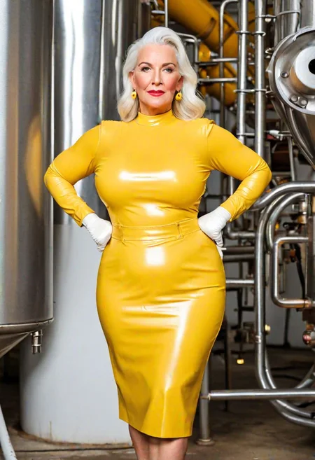 (masterpiece, best quality:1.2), 
photorealistic, 
hyper realistic,,
f = 200mm,
aperture 2,8,
short shutter, 
extremely detailed, 
fat, curvy, 
a dairy plant in the countryside with milking machines and milk buckets, 
((a malicious and extremely dominant chubby and curvy older mature woman is wearing a formal office outift with a long pencil skirt)), 
twin braids white hair, 
yellow latex gloves; 
dominant posing, 
(POV from being milked by her), 
((looking at viewer)), 
(looking at camera: 1.3)