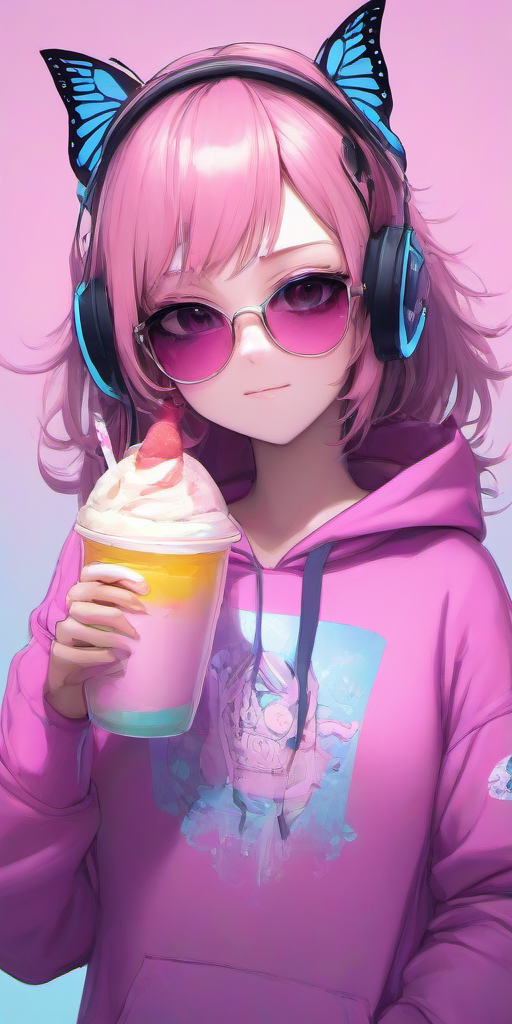 Masterpice,High Quality,portrait,anime,
 <lora:PE_ButterflyLady:0.7> PEButterflyLady, 
wearing a hoodie,headphones,sunglasses,drinking a milkshake