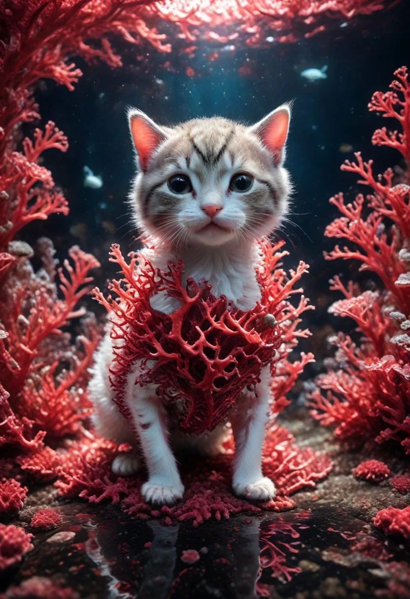 masterpiece, best quality, Ray tracing, hdr, volumetric lighting, highres, detailed background, coralbugXL, wide shot, coral cat, cute kitten, cat holding a piece of coral, household environment, underwater, ocean floor, furniture made of red coral, perfect composition, bright colours, magical, flowing water, lots of details, beautifully lit