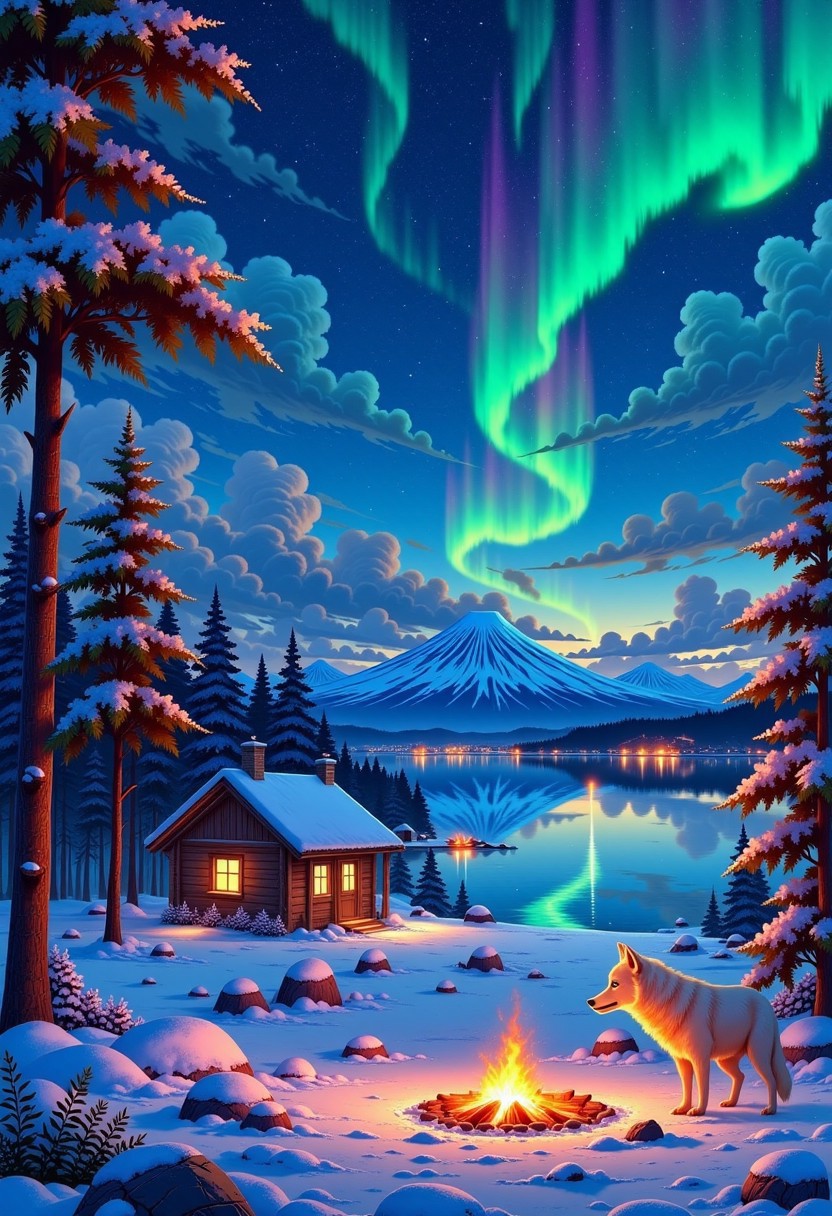 high quality, high definition, high resolution, 4k, shaders, better lighting, better quality, GHIBSKY style, GHIBSKY style painting, the central focus would be a giant white wolf with fluorescent blue eyes looking towards the horizon, in a snow-covered field with a large lake behind it, the sky would have a large aurora borealis that would be reflected in the lake, at the edge of the lake there would be a wooden cabin with warm lighting and a chimney from which smoke comes out, in the lake there would be a small fishing pier, in the background there would be a large volcano that would emit orange light from its crater, the sky would be dark