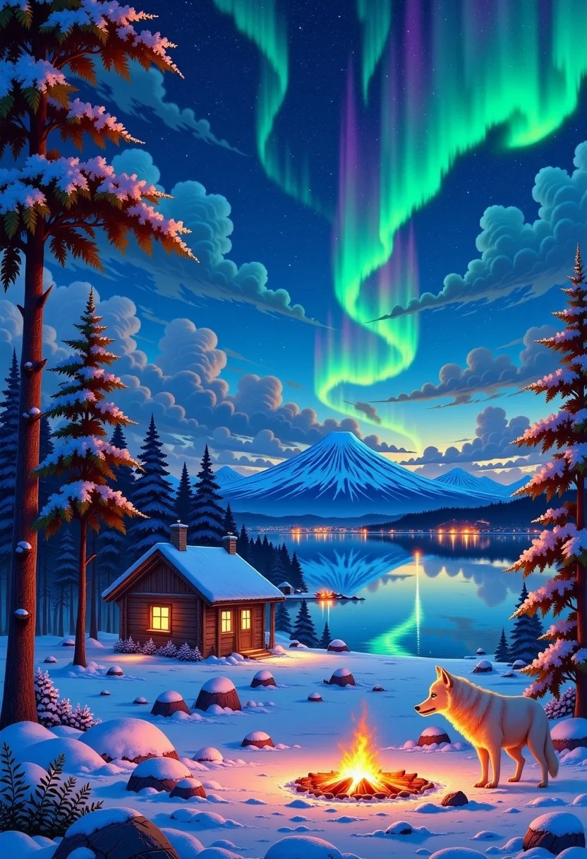 high quality, high definition, high resolution, 4k, shaders, better lighting, better quality, GHIBSKY style, GHIBSKY style painting, the central focus would be a giant white wolf with fluorescent blue eyes looking towards the horizon, in a snow-covered field with a large lake behind it, the sky would have a large aurora borealis that would be reflected in the lake, at the edge of the lake there would be a wooden cabin with warm lighting and a chimney from which smoke comes out, in the lake there would be a small fishing pier, in the background there would be a large volcano that would emit orange light from its crater, the sky would be dark