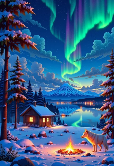 high quality, high definition, high resolution, 4k, shaders, better lighting, better quality, GHIBSKY style, GHIBSKY style painting, the central focus would be a giant white wolf with fluorescent blue eyes looking towards the horizon, in a snow-covered field with a large lake behind it, the sky would have a large aurora borealis that would be reflected in the lake, at the edge of the lake there would be a wooden cabin with warm lighting and a chimney from which smoke comes out, in the lake there would be a small fishing pier, in the background there would be a large volcano that would emit orange light from its crater, the sky would be dark
