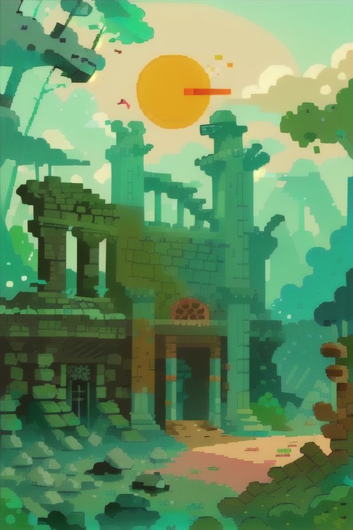 Annimals, Frog, Housses ruins, Villages ruins, Lianas, Sun light, autumn colors, Casttle, ruins, trees, one girl, 1girl, ,ruins sky,aqua background,Rich colors, white clouds, 
color,Flat style, forest,(Masterpiece),(best quality),<lora:Landscape illustration:0.7>,