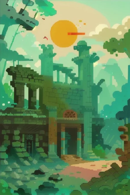 Annimals, Frog, Housses ruins, Villages ruins, Lianas, Sun light, autumn colors, Casttle, ruins, trees, one girl, 1girl, ,ruins sky,aqua background,Rich colors, white clouds,
color,Flat style, forest,(Masterpiece),(best quality),<lora:Landscape illustration:0.7>,