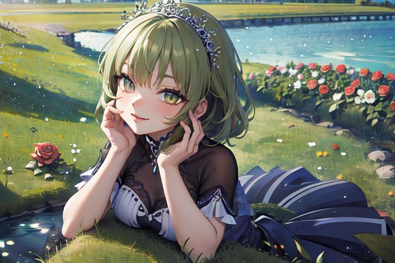 (masterpiece:1.4), 4K8K, (anime style), (high shutterspeed:1.4), (sharp edges), 
SyFyEye1, FanFo, 
1woman  hands togather,  leaning foward, face focus, smile, closed mouth, 
wearing Celtic style dress, (Detailed face, Detailed eyes, Detailed lips), (solo), 
olive hair, any colored roses, Fantastic, grass firld, river-side,
