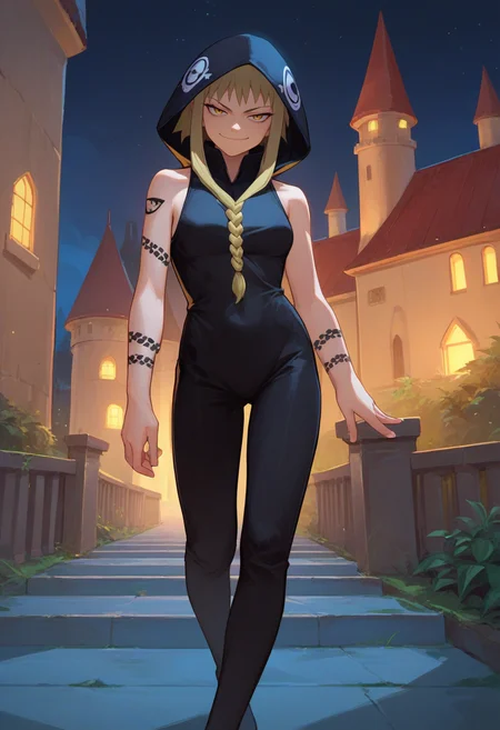 score_9, score_8_up, score_7_up, source_anime, solo, 1girl, medusagorgon, tattoo, smirk, closed mouth, looking at viewer, standing, braid, black hoodie, sleeveless hoodie, bodysuit, jewelry, bare shoulders, night, outdoors, castle <lora:souleater_medusa_ponyXL:1>