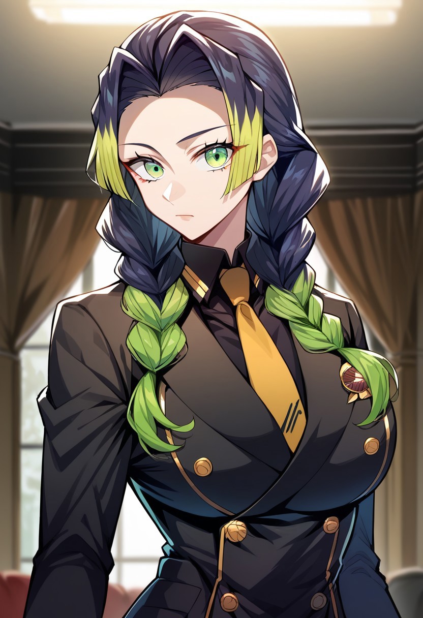 score_9, score_8_up, score_7_up, source_anime, hi res, masterpiece, best quality, highres, kanroji-mitsuri, green eyes, multicolored hair, twin_braids, double-breasted suits, female focus, 1girl, necktie, gloves, formal, solo, looking at viewer, yellow necktie, black gloves, suit, upper body, hair slicked back, black shirt, black hair, indoors, shirt, large breast, blurry, jacket, collared shirt, long sleeves, beckoning, closed mouth