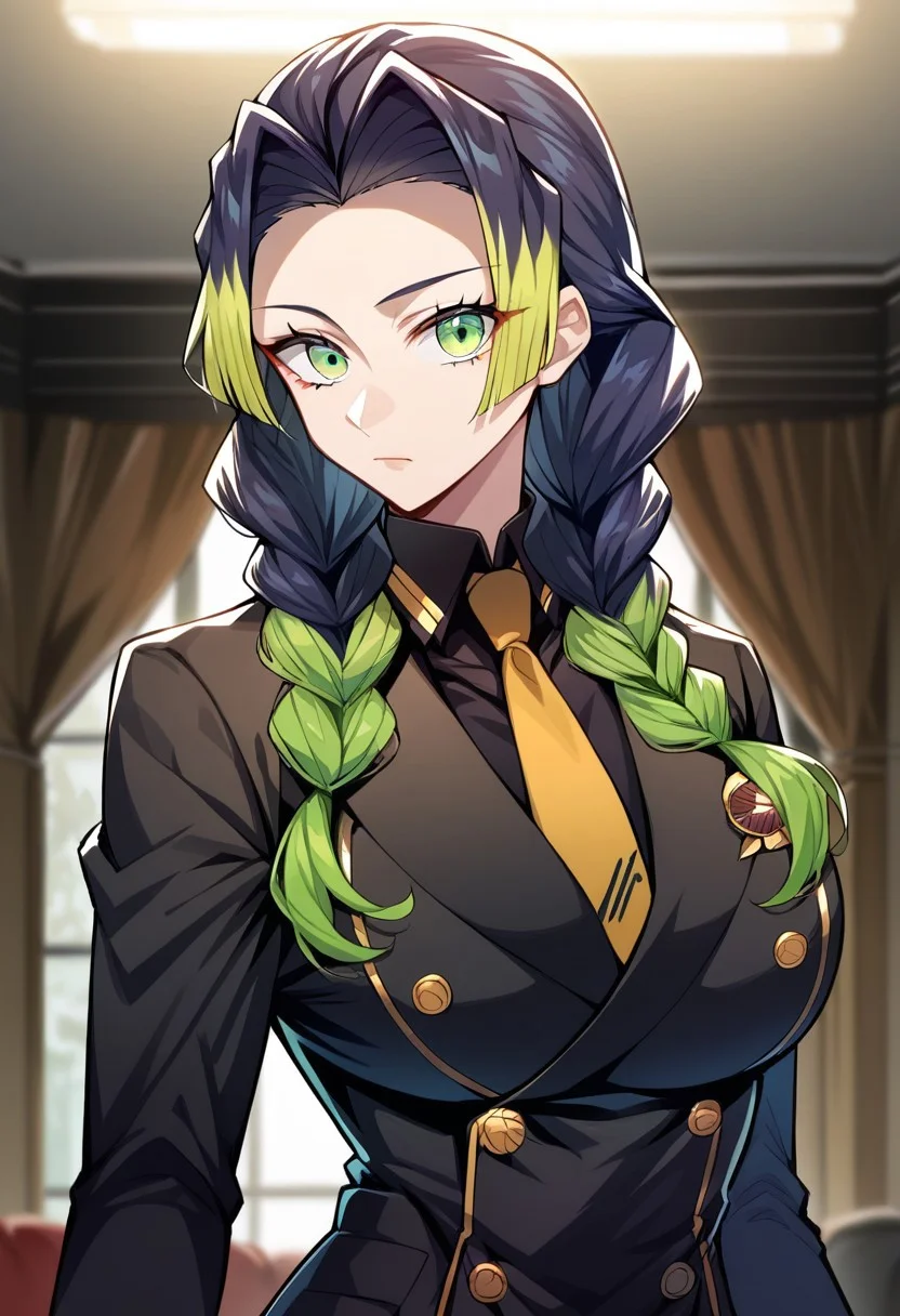 score_9, score_8_up, score_7_up, source_anime, hi res, masterpiece, best quality, highres, kanroji-mitsuri, green eyes, multicolored hair, twin_braids, double-breasted suits, female focus, 1girl, necktie, gloves, formal, solo, looking at viewer, yellow necktie, black gloves, suit, upper body, hair slicked back, black shirt, black hair, indoors, shirt, large breast, blurry, jacket, collared shirt, long sleeves, beckoning, closed mouth
