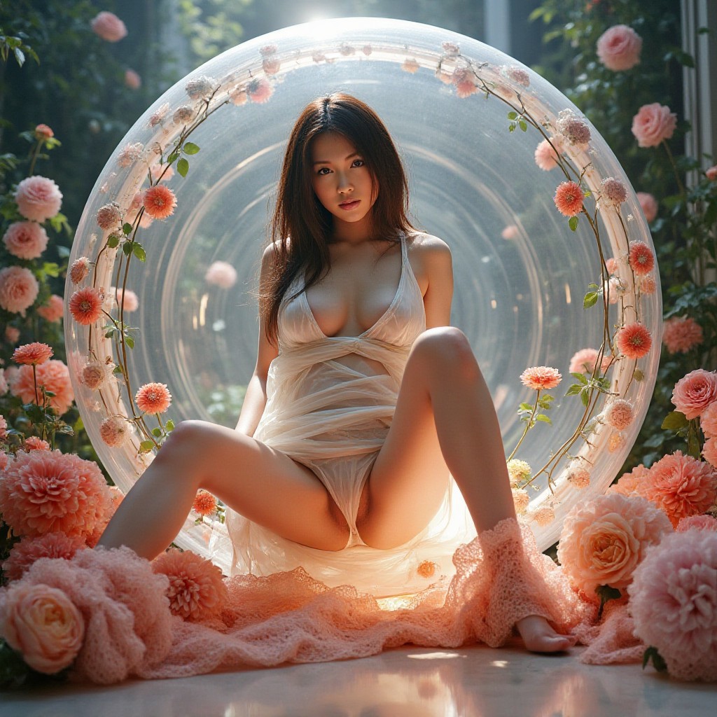 In a cinematic style, a girl poses within the curvature of a massive, translucent sphere, enveloped in see-through silk fabric that showcases her stunning physique. Delicate flower and plant arrangements adorn her surroundings, bathed in dynamic chiaroscuro's dramatic play of light and shadow. High-resolution details reveal perfect anatomy, drawing the viewer in with its awe-inspiring beauty. The scene is centered, radiating an atmosphere of mystery as the subject's captivating pose fills the frame. With a smooth, sharp focus, the illustration bursts forth in high definition, accent lighting casting an otherworldly glow amidst contrasting bright paint colors on ArtStation concept art.