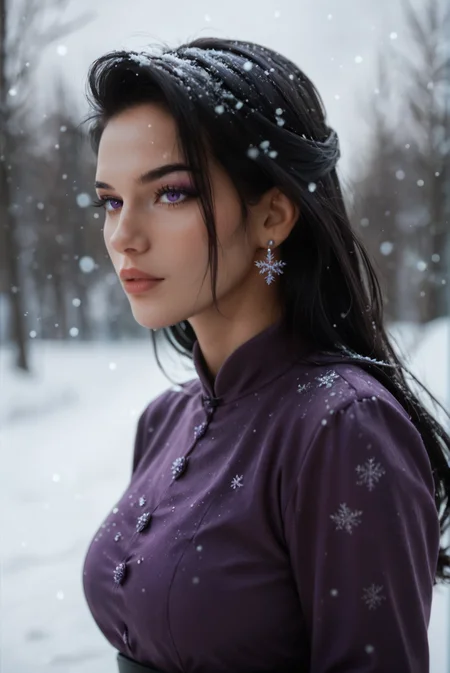 <lora:entj_v1:0.5> entj_v1, 1girl,
long hair, black hair, hair behind ear,
purple eyes,
pale skin,
breasts, medium breasts,
earrings,
purple dress ,long sleeves,
makeup,, score_9, score_8_up, score_7_up, solo,
winter, snow, snowing, glowing snowflakes, night, dark,, The scene is dynamic and filled with motion,
blur censor, blurry, blurry background, blurry foreground, bokeh, motion blur,
chromatic aberration, depth of field, figure, focused, focus