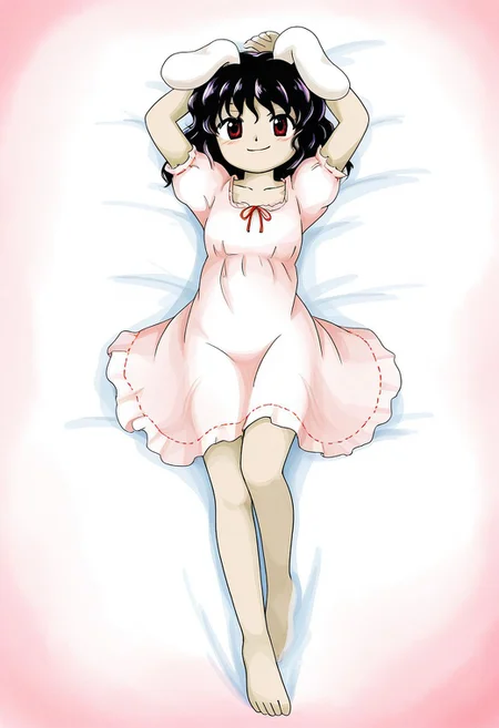 watercolor, aesthetic, colorful, jaggy lines, zun \(style\), BREAK, 1girl, solo, (tewi inaba), short, small body, petite, laying, laying on bed, arms above head, alternate outfit, nightgown, looking at viewer, smile, smug, blushing, full body,