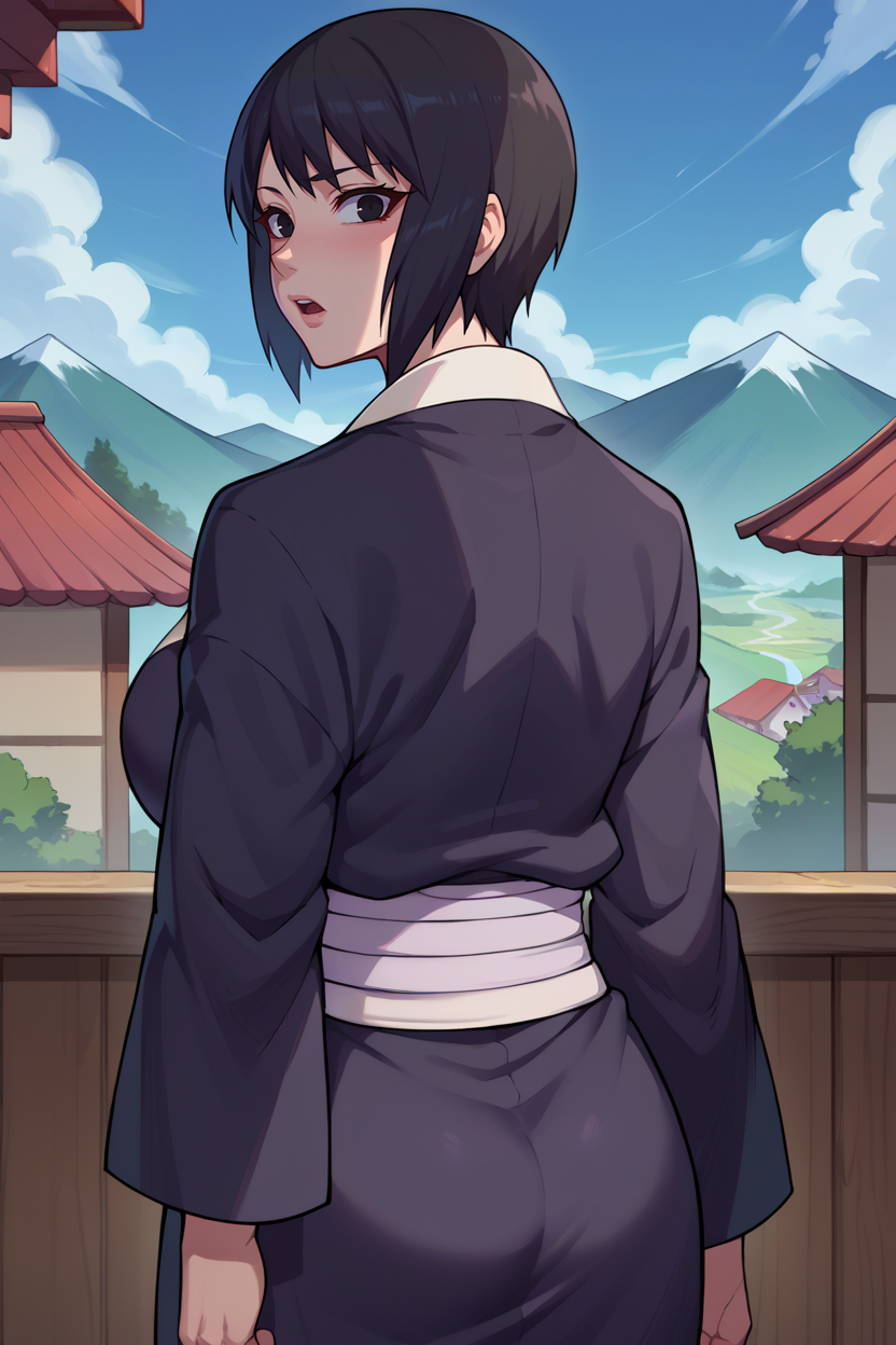 score_9, score_8_up, score_7_up, score_6_up, source_anime BREAK 1girl, solo, <lora:shizune-pdxl-nvwls-v1-000005:1> shizune, black hair, black eyes, black kimono, (big breasts:0.6), from behind, looking at you, chestnut mouth, mountains, clouds, sky