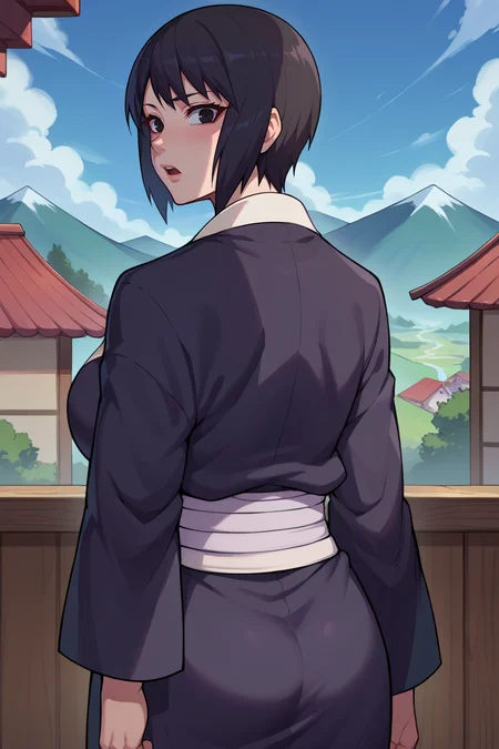 score_9, score_8_up, score_7_up, score_6_up, source_anime BREAK 1girl, solo, <lora:shizune-pdxl-nvwls-v1-000005:1> shizune, black hair, black eyes, black kimono, (big breasts:0.6), from behind, looking at you, chestnut mouth, mountains, clouds, sky