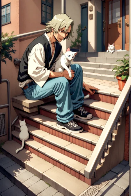 1boy, male focus, urahara kisuke, bleach , (90s anime style:1.5), front view, outdoors, street view, (looking down:1.3), perfecteyes, isometric, sitting on stairs, shirt, denim shorts, 1 white cat sitting next to them, petting the cat <lora:detailed_notrigger:1> <lora:ParchartXL_CODA:0.2> <lora:Isometric Cutaway:1> <lora:PerfectEyesXL:1> <lora:ral-drptpl:0.1> <lora:FILM_PHOTOGRAPHY_STYLE:0.6> <lora:Surreal Harmony:0.2>