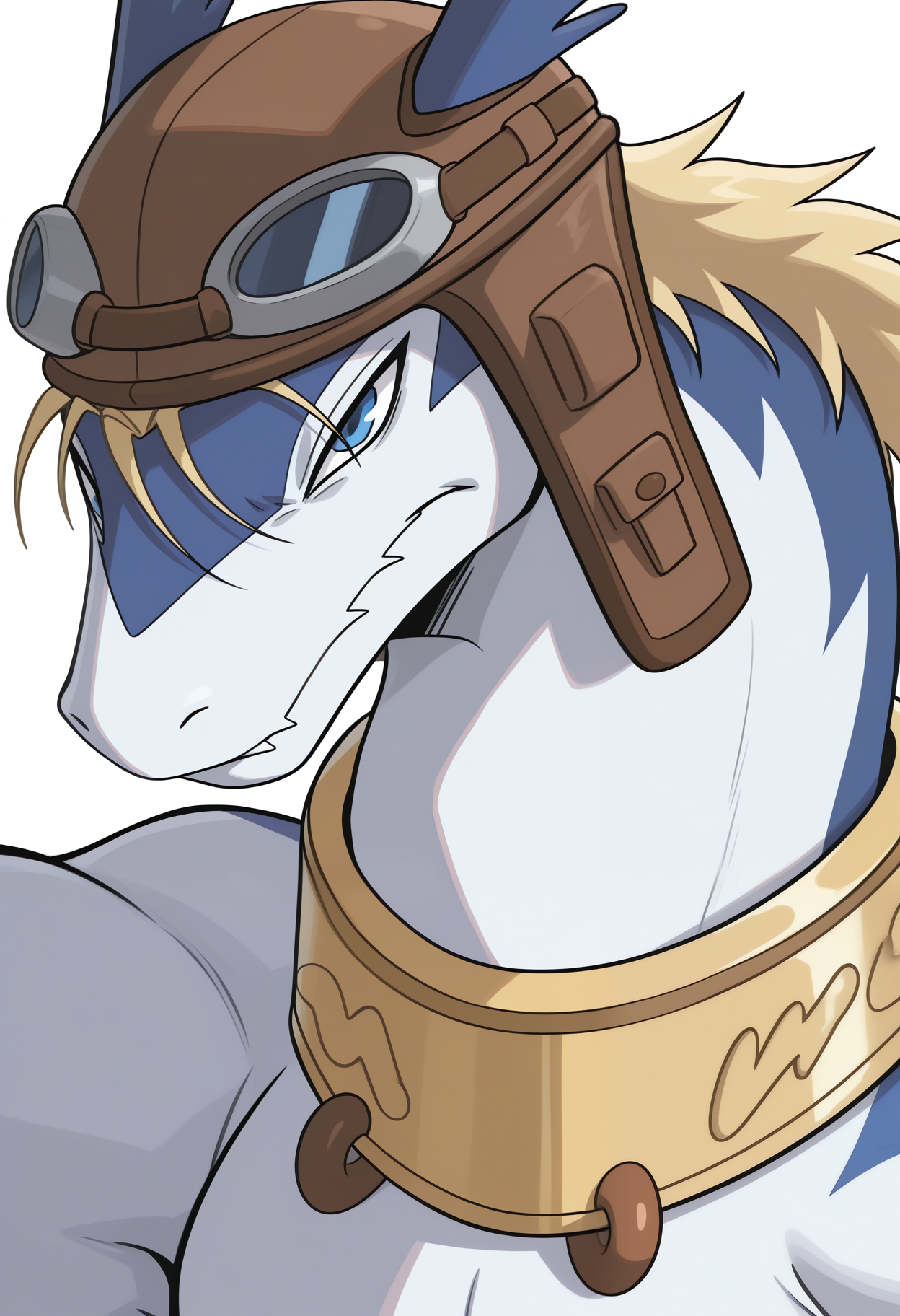 masterpiece,best quality,amazing quality, 1boy, solo, sh1r0n, dragon, gold collar, goggles, blond hair, hat, no footwear, close up, side angle, 