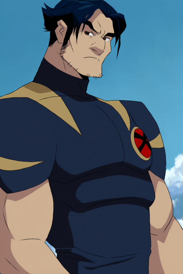 masterpiece, best quality, highres, newest, logan, xevosuit, 1boy, solo, male focus, mature male, short hair, dark blue hair, brown eyes, thick eyebrows, facial hair, stubble, sideburns, bodysuit, dark blue bodysuit, short sleeves, muscular, looking at viewer, standing, close-up, portrait, upper body, blue sky, cloud <lora:Wolverine (Logan) X-Men Evolution (Second Suit+Logan) v1.1 [LoRA] - NoobAI-XL EPS 1.0:0.8>