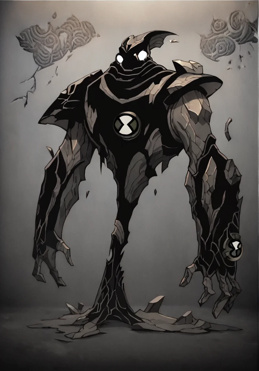 score_9, score_8_up, score_7_up, screencap,   <lora:ben10-08:1> ben10, solo, no humans, full body, bodysuit, badge,detailed background, black suit, torn clothes, tears, charcoal cracked magma clothing, , <lora:elemental:1> elemental