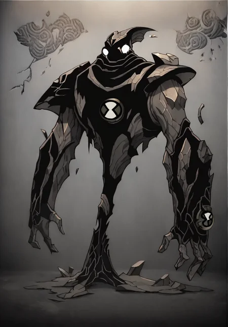 score_9, score_8_up, score_7_up, screencap,   <lora:ben10-08:1> ben10, solo, no humans, full body, bodysuit, badge,detailed background, black suit, torn clothes, tears, charcoal cracked magma clothing, , <lora:elemental:1> elemental