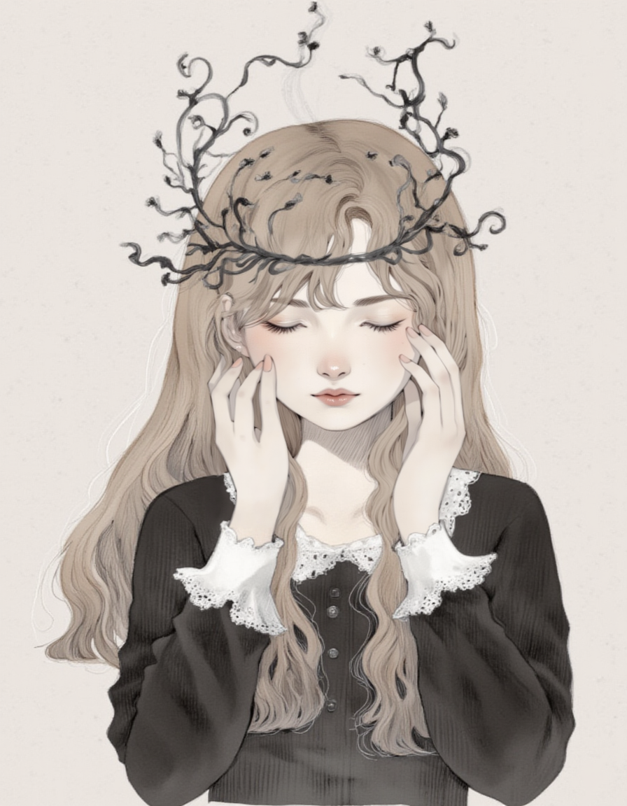 <lora:choffi:1>This image is a digital drawing in a delicate, soft pastel style, featuring a young woman with fair skin and long, light brown hair adorned with a black, intricately designed headpiece that resembles a crown. The headpiece is embellished with small, black, curling tendrils and features white lace-like details. The woman's eyes are closed, giving her a serene and contemplative expression. She has a gentle, almost delicate facial structure, with high cheekbones and a small, slightly upturned nose. Her lips are painted a muted, natural shade, and her eyebrows are thin and arched. She wears a long-sleeved black dress with white lace cuffs, which adds to the ethereal, vintage aesthetic of the artwork. Her hands are placed gently on either side of her face, with her fingers lightly touching her cheeks, suggesting a moment of introspection or reflection. The background is a muted, light gray color with a subtle, textured pattern, which complements the softness of the subject without detracting from her. The overall mood of the image is calm and introspective, with a touch of elegance and mystery.