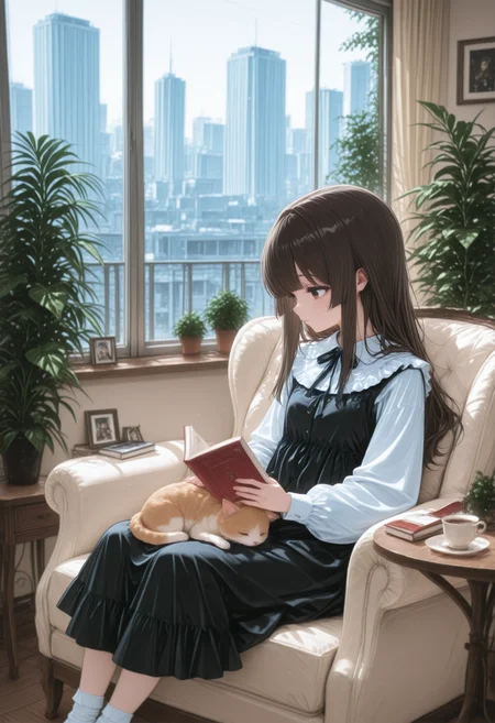 ,,1girl,solo,long hair,shirt,brown hair,long sleeves,dress,holding,closed mouth,sitting,brown eyes,white shirt,frills,sleeveless,socks,day,indoors,blunt bangs,black dress,cup,book,sleeveless dress,feet out of frame,window,profile,animal,white socks,chair,table,cat,cover,plant,building,cover page,holding book,frilled shirt collar,teacup,open book,city,potted plant,reading,cityscape,on chair,saucer,book stack,armchair,on lap,petting,animal on lap,looking outside,windowsill,,masterpiece,best quality,newest,absurdres,highres,very awa,detail background 