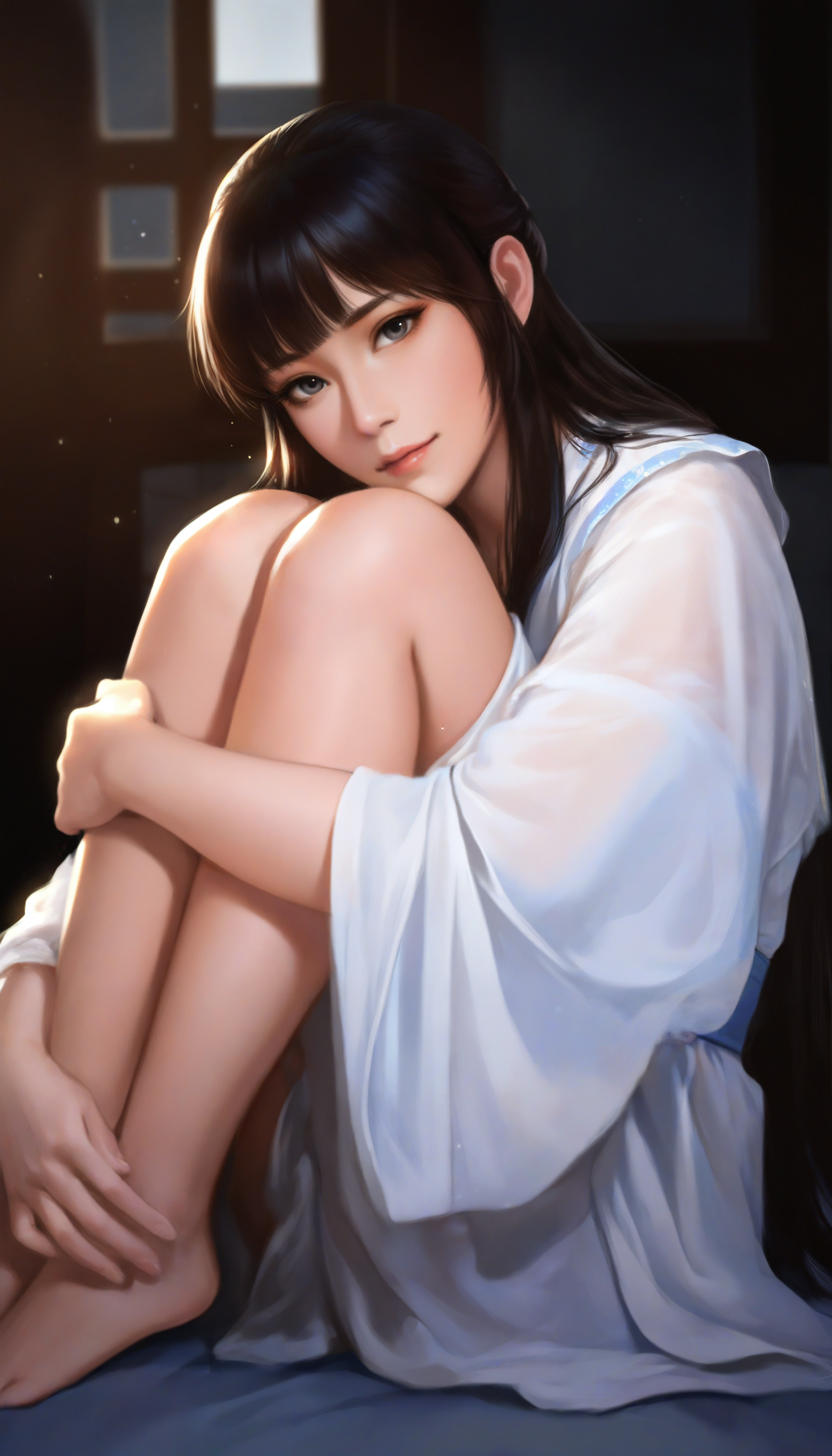 masterpiece,best quality,amazing quality,
<lora:wangyuanjiNAI:1>,wangyuanji,
realistic,
1girl,solo,black hair,blunt bangs,low long hair,grey eyes,
white robe,barefoot,
sitting sideways,
sitting,looking at viewer,hugging legs,
window,indoors,bed,
soft lighting,depth of field,light particles,fog,