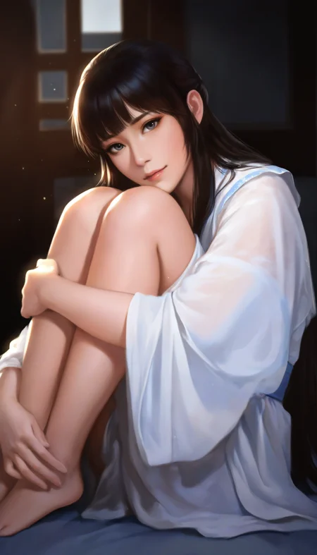 masterpiece,best quality,amazing quality,
<lora:wangyuanjiNAI:1>,wangyuanji,
realistic,
1girl,solo,black hair,blunt bangs,low long hair,grey eyes,
white robe,barefoot,
sitting sideways,
sitting,looking at viewer,hugging legs,
window,indoors,bed,
soft lighting,depth of field,light particles,fog,