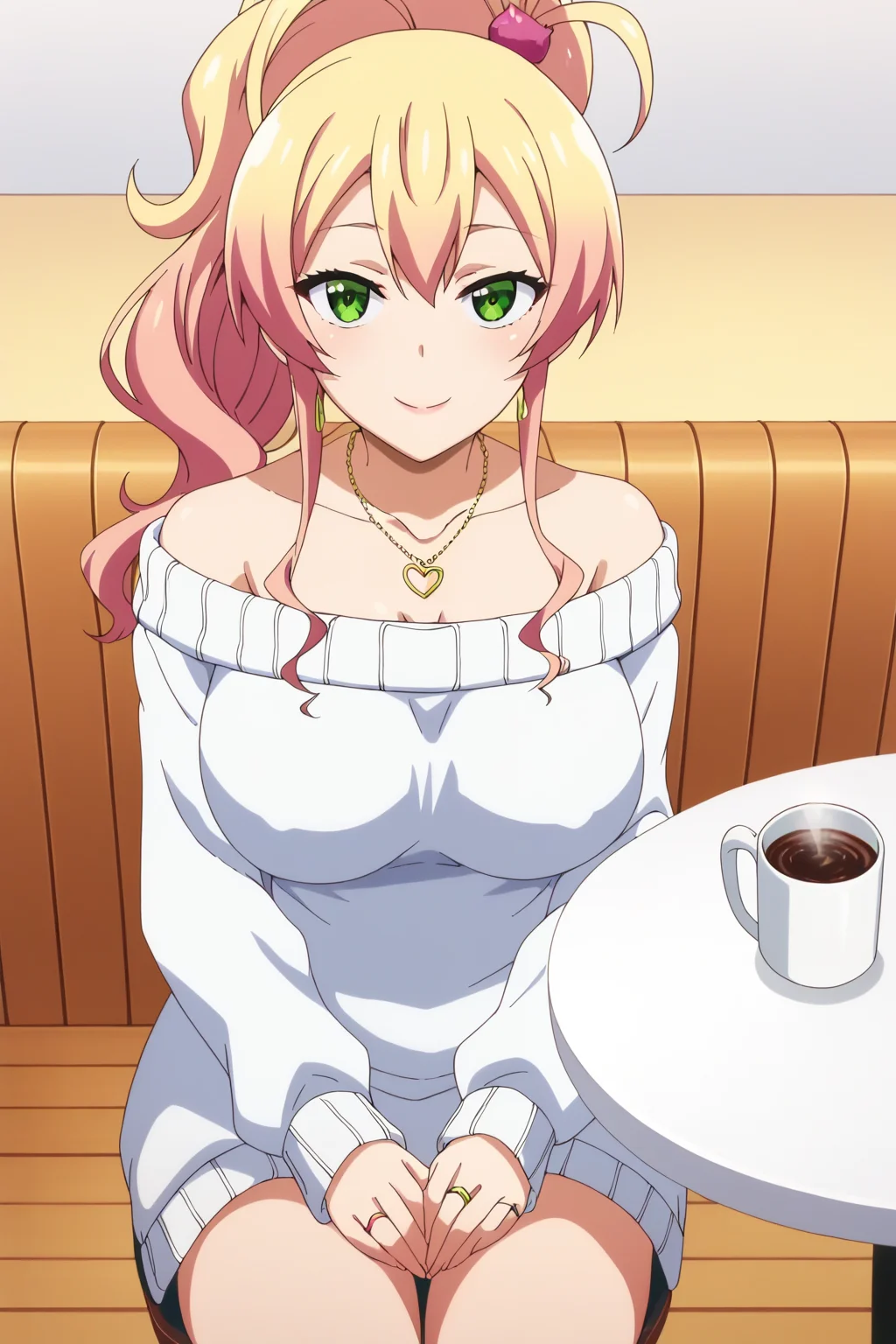 score_9, score_8_up, score_7_up, source_anime, anime screencap, yukanayame, <lora:yame_yukana_XL_v2:0.9>, 1girl, blonde hair, pink hair, multicolored hair, long hair, ponytail, hair ornament, cat hair ornament, green eyes, large breasts, sweater, white sweater, off-shoulder sweater, off shoulder, bare legs, bare shoulders, sweater dress, long sleeves, jewelry, necklace, heart necklace, earrings, ring, looking at viewer, smile, sitting, indoors, cafe, coffee, coffee mug, chair, table, cowboy shot