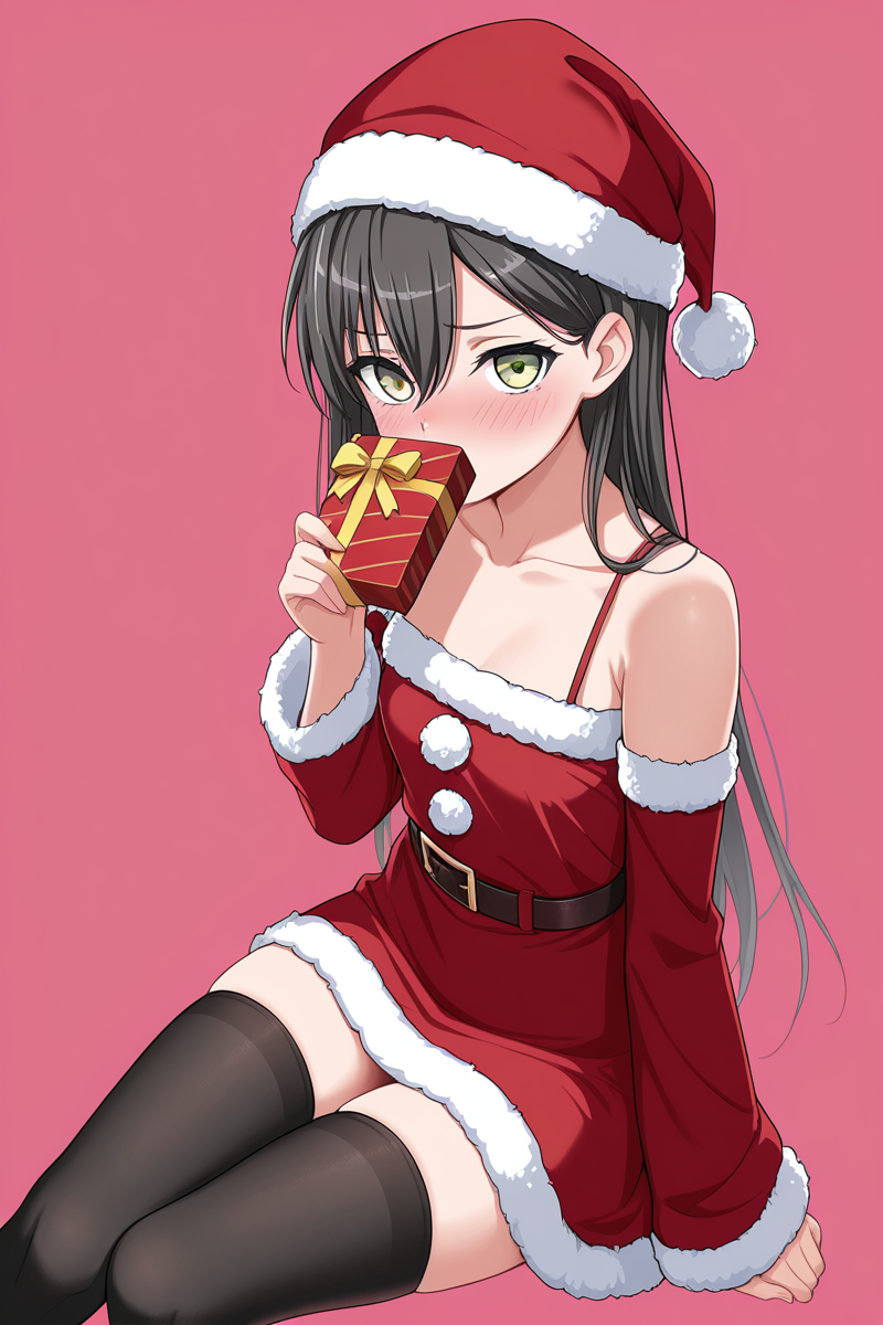 masterpiece, best quality, amazing quality,
 <lora:Tae_IL:1> tae, 1girl, solo, green eyes, hat, gift, santa hat, long hair, thighhighs, pink background, black thighhighs, black hair, looking at viewer, dress, red dress, christmas, simple background, sitting, fur trim, collarbone, holding, santa costume, box, hair between eyes, blush, fur-trimmed dress