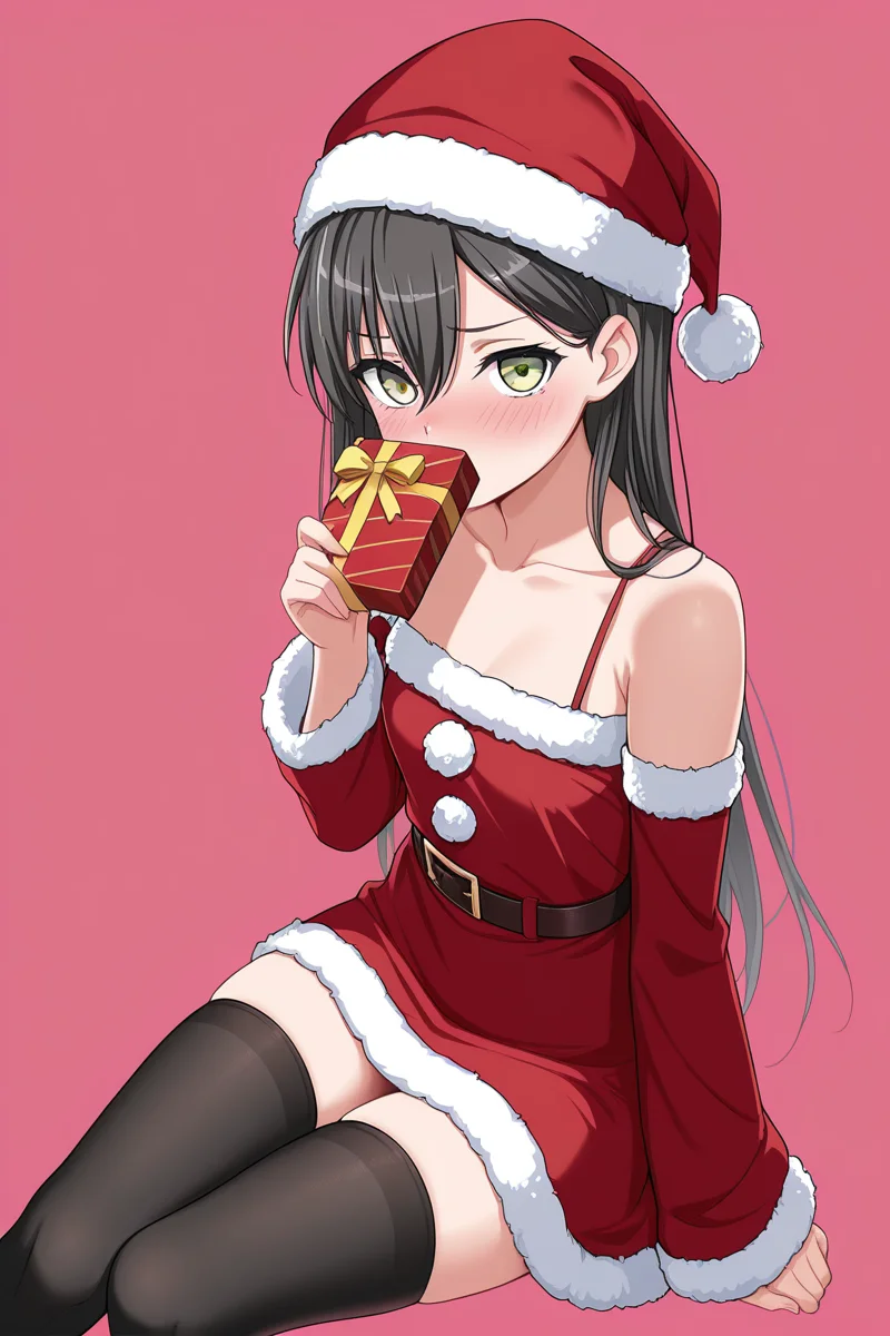masterpiece, best quality, amazing quality,
<lora:Tae_IL:1> tae, 1girl, solo, green eyes, hat, gift, santa hat, long hair, thighhighs, pink background, black thighhighs, black hair, looking at viewer, dress, red dress, christmas, simple background, sitting, fur trim, collarbone, holding, santa costume, box, hair between eyes, blush, fur-trimmed dress