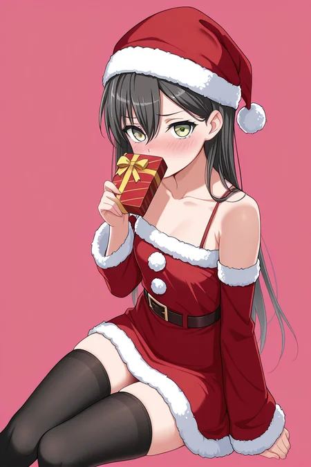 masterpiece, best quality, amazing quality,
<lora:Tae_IL:1> tae, 1girl, solo, green eyes, hat, gift, santa hat, long hair, thighhighs, pink background, black thighhighs, black hair, looking at viewer, dress, red dress, christmas, simple background, sitting, fur trim, collarbone, holding, santa costume, box, hair between eyes, blush, fur-trimmed dress
