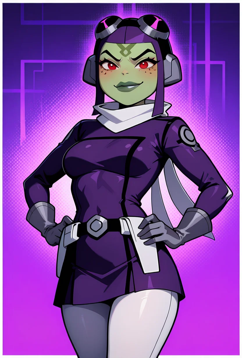 <lora:attea-07:1>, attea, green skin, 1girl, red eyes, goggles, short hair, purple hair, white scarf, purple bodysuit, purple helmet, green lips,white pants, grey gloves, short purple skirt, purple background, dynamic pose, expressive face, l, masterpiece, best quality, amazing quality, very aesthetic, absurdres, newest,, upper body, halftone effect, white borders, abstract background:1.2,