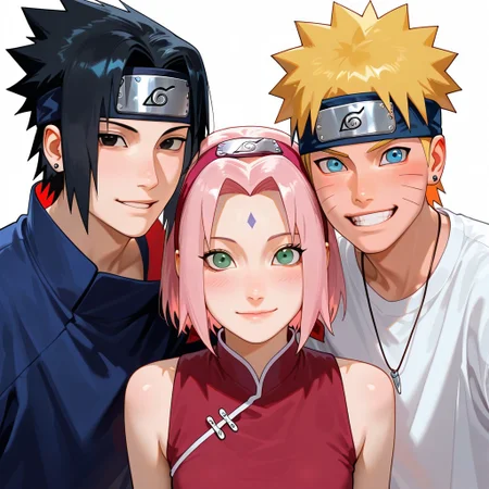 funksemstyle, 1girl, looking at viewer, smile, short hair, blue eyes, blonde hair, shirt, black hair, hair ornament, dress, jewelry, green eyes, jacket, pink hair, , choker, hairclip, 2boys, necklace, grin, black eyes, headband, facial mark, piercing, forehead protector, haruno sakura, uzumaki naruto, uchiha sasuke