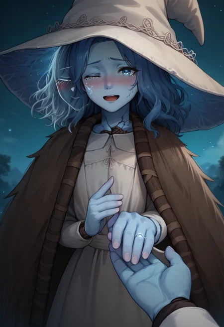 score_9, score_8_up, score_7_up, 1girl, <lora:Ranni_pdxl_Incrs_v2:1>, IncrsRnnThWtch, blue eyes, one eye closed, blue hair, wavy hair, (4 arms:1.1), (multiple faces:1.1), blue skin, colored skin, cracked skin, doll joints, witch hat, white headwear, white dress, long sleeves, fur cloak, brown cloak, <lora:HoldingHandsPOV_XLPD:1>, holding hands, solo focus, pov hands, out of frame, <lora:Proposal_XLPD:0.5> IncrsProp, wedding ring, blush, tearing up, teardrop, happy tears,