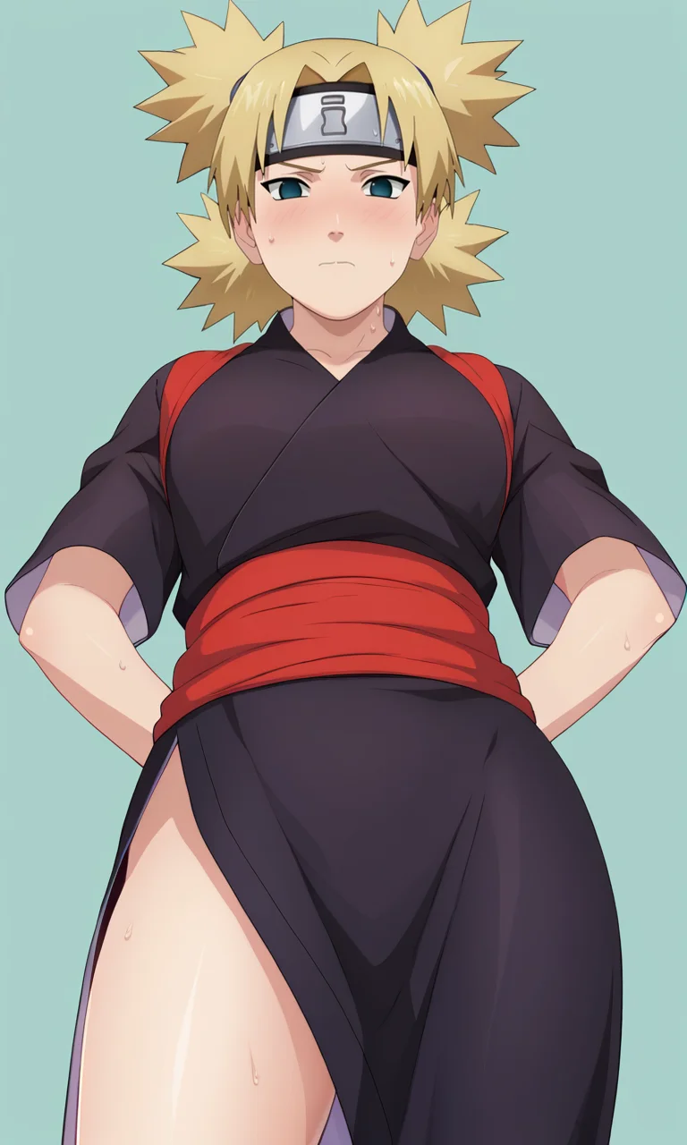 score_9, score_8_up, score_7_up, game cg,
from below, 
BREAK
tmrshippuden, 1girl, solo, looking at viewer, quad tails, forehead protector, no pupils,
black kimono, red sash, side slit, long slit, short sleeves, 
blush, sweat,
simple background, 
<lora:Naruto_TemariShippuden_PXL-000018:1>