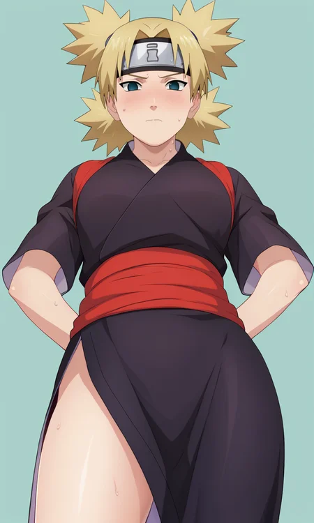 score_9, score_8_up, score_7_up, game cg,
from below,
BREAK
tmrshippuden, 1girl, solo, looking at viewer, quad tails, forehead protector, no pupils,
black kimono, red sash, side slit, long slit, short sleeves,
blush, sweat,
simple background,
<lora:Naruto_TemariShippuden_PXL-000018:1>