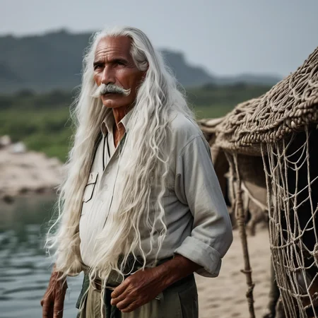 8k,  medium shot, side view,  60 yo fisherman with a net, long wavy white hair,  mustache,  masculine face, strong jaw, big nose, bushy eyebrows, candid, villager, traditional, weathered <lora:Male_Long_Hair:1>