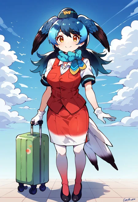 1girl, ((solo)), best quality, ultra-detailed, extremely detailed, perfect anatomy, masterpiece, score_9, score_8_up, score_7_up, Expressiveh, passenger pigeon (kemono friends), multicolored hair, blue hair, black hair, head wings, bird tail, bangs, orange eyes, long hair, twintails, red vest, white shirt, short sleeves, white gloves, red skirt, gradient skirt, hat, garrison cap, gradient legwear, pantyhose, scarf, pencil skirt, blue bowtie, black heels, standing, smiling, happy, staring at viewer, blue skies background, clouds, (rolling suitcase),