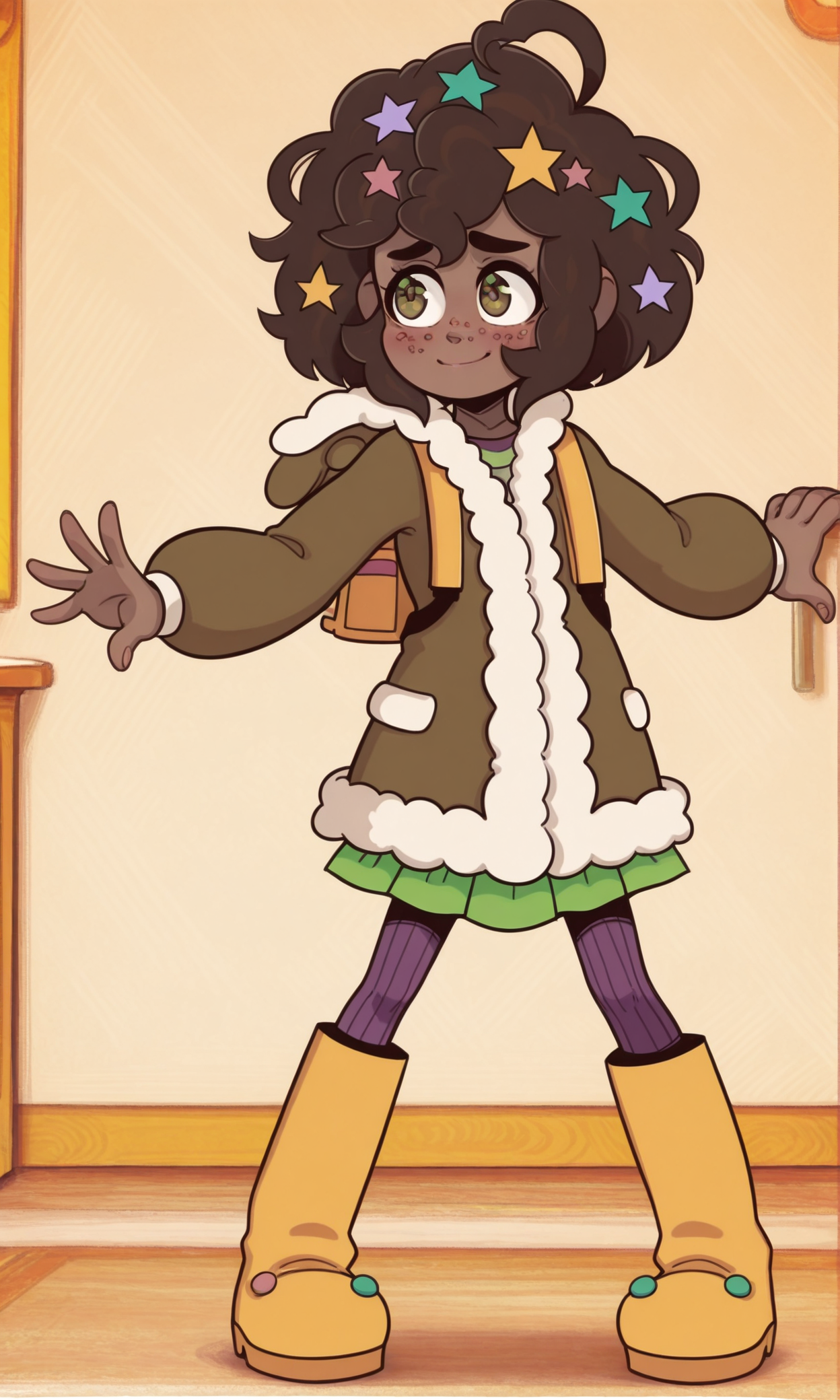 masterpiece, best quality, amazing quality, very aesthetic, high resolution, absurdres, newest, ((young)), ((petite)), Molly Blyndeff, Star hair Ornament, hair ornament, freckles, bear hoodie, fur trim, backpack, yellow boots, 1girl, solo, dark-skinned female, good hands, brown eyes, full body, smile, blushing,  (dynamic angle), dynamic pose, volumetric lighting, (nervous),  <lora:Molly_Blyndeff_Illust:1>