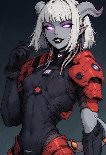 score_9, score_8_up, score_7_up, solo, dutch angle, close up, fully clothed,
1girl, curvy figure, white hair, bangs, chaotic bob cut, flat breasts, black lipstick, draenei, gray skin, horns, pointy ears, colored sclera, purple glowing eyes, colored skin, tail, tail ornament,
smirk,
futuristic, scifi, red armor, gloves, technology, glowing, neon, holographic display,
<lora:g0th1cPXL:0.5>, <lora:Sinozick_Style_XL_Pony:0.8>, <lora:Expressive_H:0.3>, <lora:cutesexyronutts_style_xl:0.8>, <lora:Black_souls_style:0.8>,
