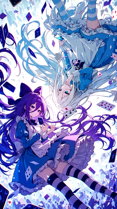 2girls, rotational symmetry, contrasting colors, dynamic pose, falling, cowboy shot, from side, looking down, alice in wonderland, apron-dress, frill, big bow on head, (pocket watch on waist:0.7), striped thighhighs, playing card, floating object, monochrome, blue theme, white tone, purple tone, local color adaptation, dynamic lighting, (chromatic aberration:1.2), (disintegration effect:1.1), (ephemeral:1.4), fantasy, masterpiece, best quality, amazing quality, very aesthetic, absurdres, newest,