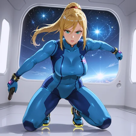 takeda hiromitsu style, source_anime, anime screencap, uncensored, dynamic angle, dynamic view, takeda hiromitsu style, dynamic pose, foreshortening, extreme perspective,
sole female, solo, 1girl, samus aran, blonde hair, swept bangs, long hair, ponytail, mole under left lip, turquoise eyes, zero suite, blue body suit, blue gloves, metal bracelets, sagging breasts, medium breasts, skintight, fully dressed, action pose, dynamic pose, determined, superhero landing, dynamic pose, holding gun, complex background, detailed background, inside giant spacecraft, outer space in window, multiple galaxies in the background, giant view of space, giant window with a view of space, view of planets, view of stars, depth of field, blurry background, volumetric lighting, back lighting, side lighting, 3 point lighting, reflective floor, glossy floor, reflective interior,
<lora:takeda_hiromitsu_style_xl_goofy:1.0>, <lora:DynamicPose_alpha1.0_rank4_noxattn_100steps:3.0>, <lora:Superhero_landing:0.5>
