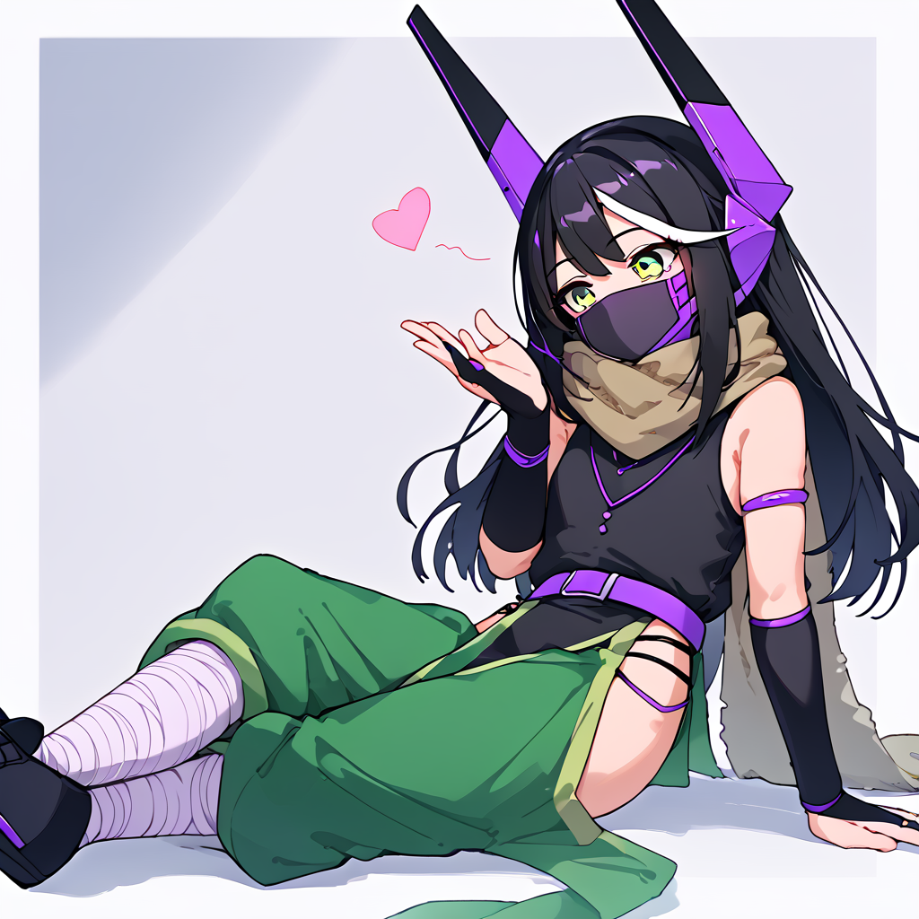 <lora:pixgkb:1> solo, p1x, streaked hair, black hair, green eyes, mouth mask, green pelvic curtain, two-tone pants, brown scarf, sleeveless black shirt, purple belt, purple jewelry, black bridal gauntlets, robot ears, bandaged legs, black shoes,
 <lora:FrierenBlowingKissMeme_XLPD:0.8> IncrsBlowingKiss, heart, blowing kiss