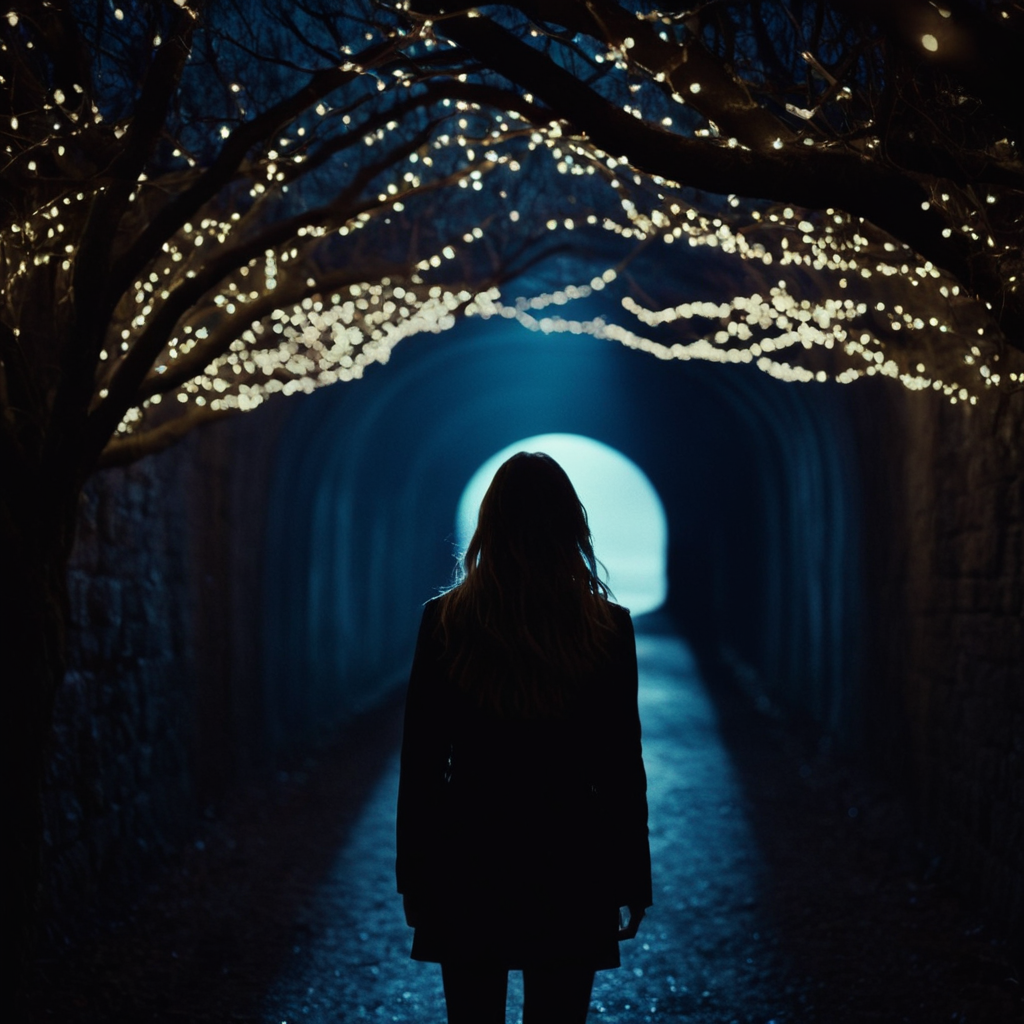 cinematic film still of  <lora:Chiaroscuro Lighting Style:1>
dramatic, cinematic, shadow, partially covered in shadow, a person standing in a tunnel of lights Chiaroscuro Lighting Style, 1girl, solo, long hair, outdoors, sky, from behind, tree, night, night sky, scenery, silhouette, dark, bare tree, low light, dim light, shallow depth of field, vignette, highly detailed, high budget, bokeh, cinemascope, moody, epic, gorgeous, film grain, grainy