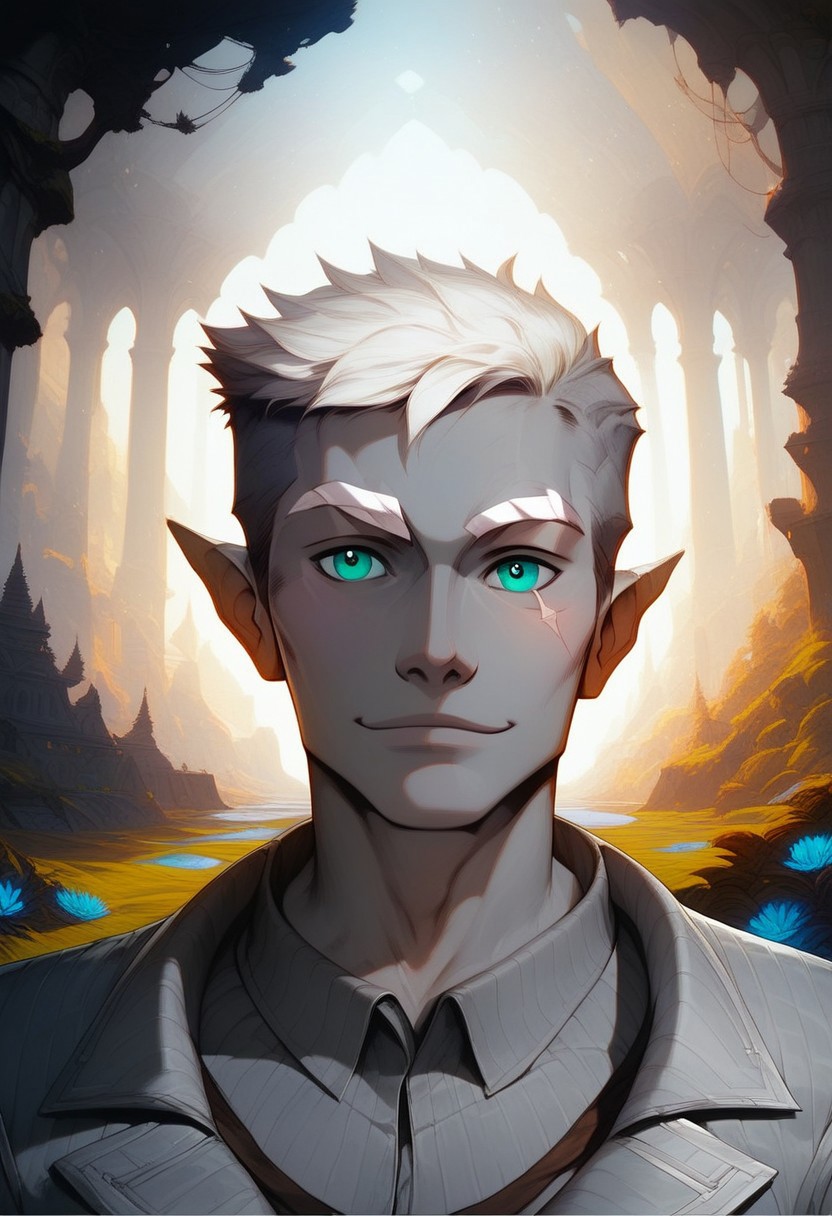 (score_9, score_8_up:1.1), score_7_up, score_9, score_8_up, score_8, score_7_up, dynamic angle, ((full body)), masculine, relaxing, leaning on riverbank, 1boy, solo, sexy, athletic, vox machina style, solo, warlock, fantasy, forest background, (dynamic lighting:1.1) ((masterpiece)), detailed eyes, (((detailed iris))), pupils, perfecteyes, perfect eyes, best quality, ((masterpiece)), sharp cheekbones, gaunt face, defined cheekbones, 28 years old, (adult, mature), hard face, slight smile, ((thin lips)), (half_elf:0.5), dark elf, (((grey skin))), ((((white hair)))), (((short hair))), professional, (legion haircut), (short cut sides), (short bangs), (((white eyebrows))), light eyebrows, ((((pale grey ((((short)))) tipped ears)))), pointed_ears:0.5, ((short pointed ears)), eyebrow scar on left side of face, cheek scar, ((detailed turquoise eyes))