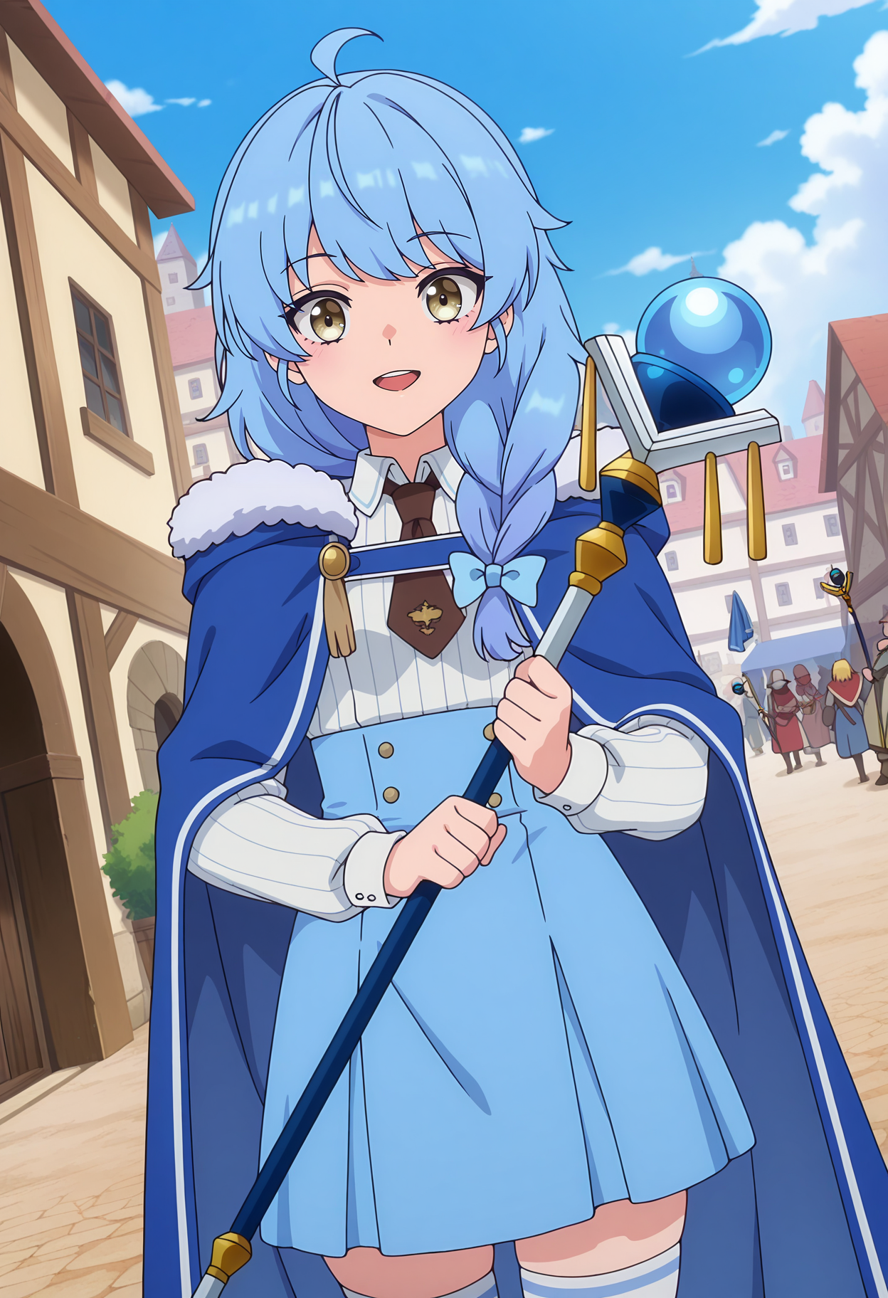 anime screencap, masterpiece, best quality,
<lora:ARankParty(Aparida)_Rain_IlluXL:0.9>,
1girl, solo, open mouth, light smile, blush, upper teeth only,
single braid, ahoge, blue hair, long hair, multicolored eyes, hair bow, blue bow,
RainMageTwo, fur-trimmed cloak, blue cloak, short necktie, brown necktie, pinstripe shirt, white shirt, high-waist skirt, light blue skirt, buttons, white thighhighs,
holding staff, orb,
standing, looking at viewer, cowboy shot, dutch angle,
blue sky, outdoors, town, medieval, day, people