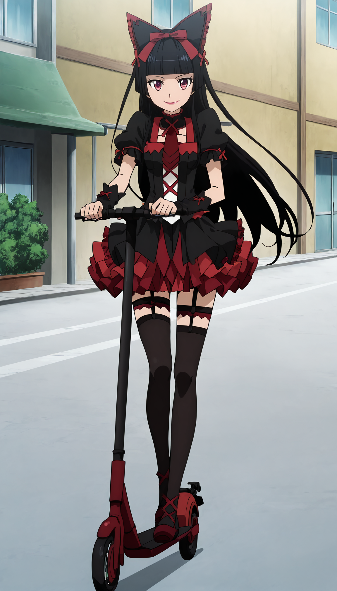 score_9, score_8_up, score_7_up, score_6_up, source_anime, high res, anime coloring, anime screencap,1girl,solo,full body,from front<lora:Scooter_Illustrious:0.7>Scooter,stand on Scooter,(looking at viewer,smile),modern town,Speed,wind <lora:(Illustrious)GATE_RoryMercury_IlluXL:1> hime cut, long hair, blunt bangs, black hair, multicolored eyes, lips,hair bow, multicolored dress, frilled dress, cross-laced dress, red necktie, puffy short sleeves, ribbon trim, black arm warmers, layered skirt, frilled skirt, garter straps, thigh strap, black thighhighs