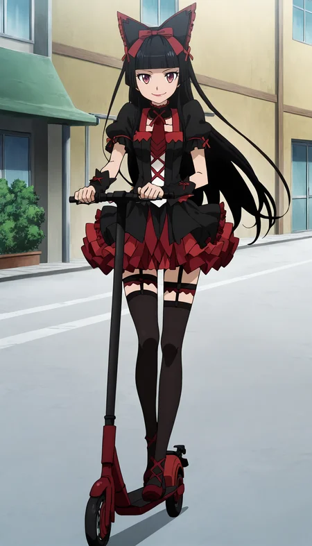 score_9, score_8_up, score_7_up, score_6_up, source_anime, high res, anime coloring, anime screencap,1girl,solo,full body,from front<lora:Scooter_Illustrious:0.7>Scooter,stand on Scooter,(looking at viewer,smile),modern town,Speed,wind <lora:(Illustrious)GATE_RoryMercury_IlluXL:1> hime cut, long hair, blunt bangs, black hair, multicolored eyes, lips,hair bow, multicolored dress, frilled dress, cross-laced dress, red necktie, puffy short sleeves, ribbon trim, black arm warmers, layered skirt, frilled skirt, garter straps, thigh strap, black thighhighs
